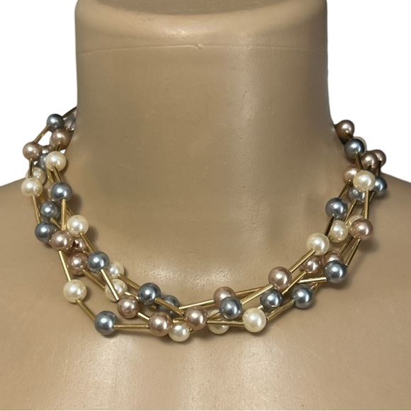 Vintage 80s Avon Floating Pearl Necklace 4 Strands Gold gray mauve cream 16" - Picture 12 of 12